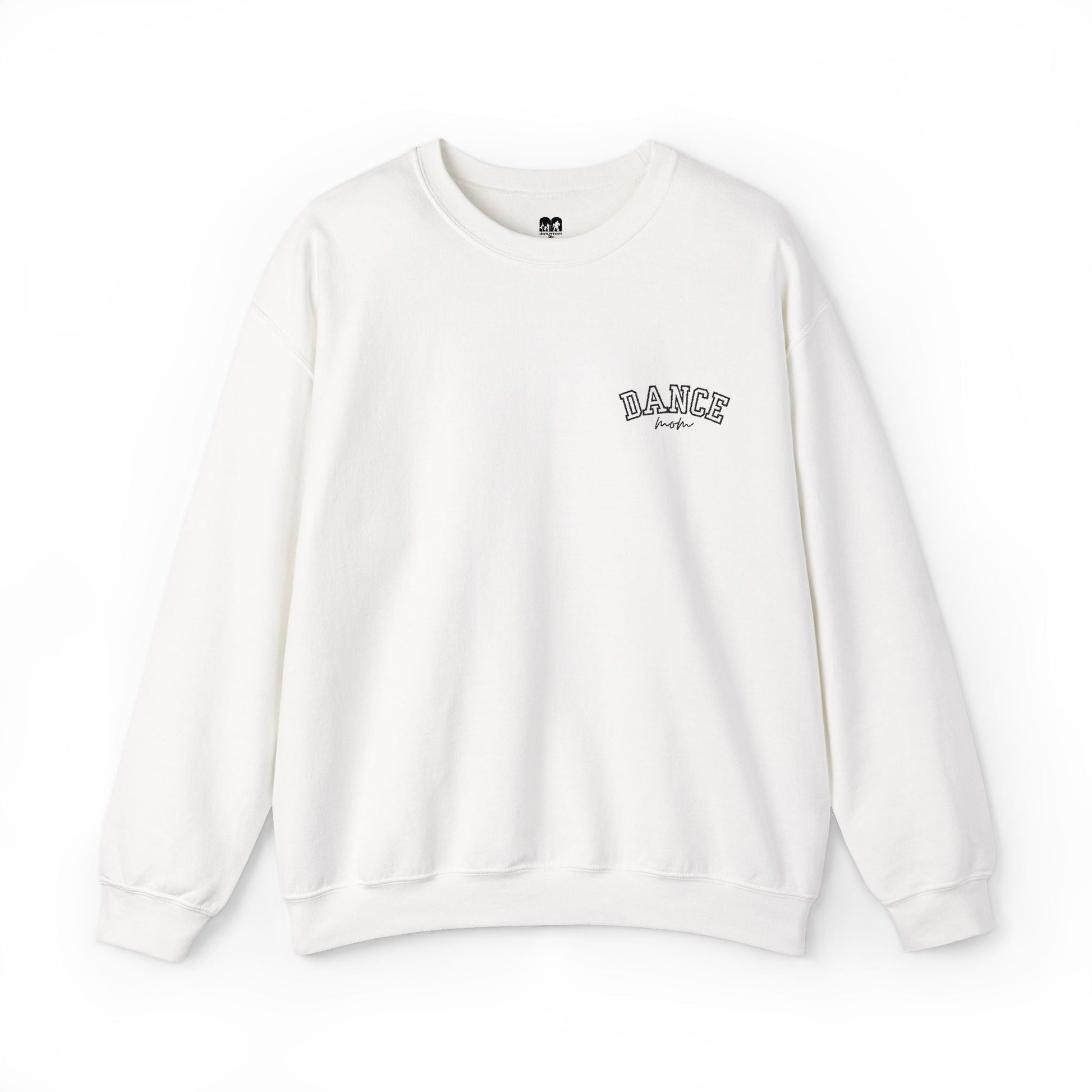 A soft white crewneck sweatshirt featuring a black embroidered ’dance’ logo with the word ’fresh’ beneath it.