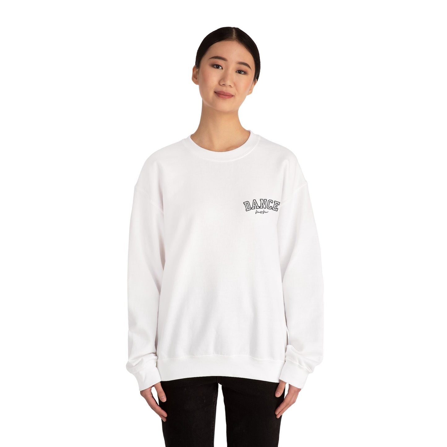 White cotton crewneck sweatshirt with ’dance’ embroidered in black arched lettering on the left chest.