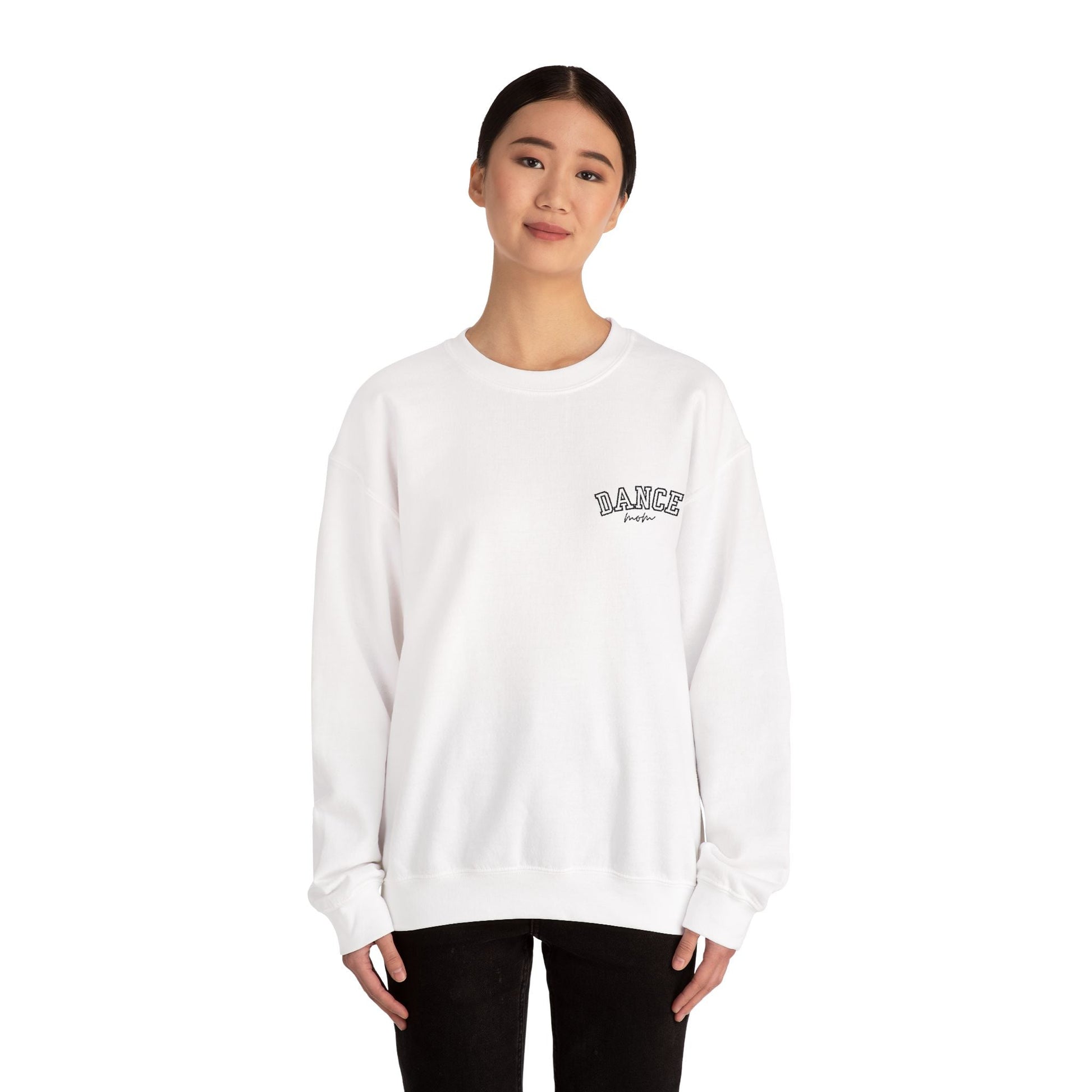 White cotton crewneck sweatshirt with ’dance’ embroidered in black arched lettering on the left chest.