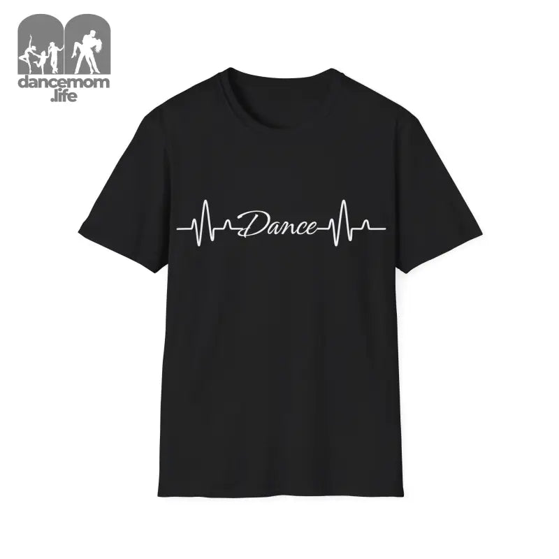 Black t-shirt with a white heartbeat line design and the word ’Dance’ printed on it.