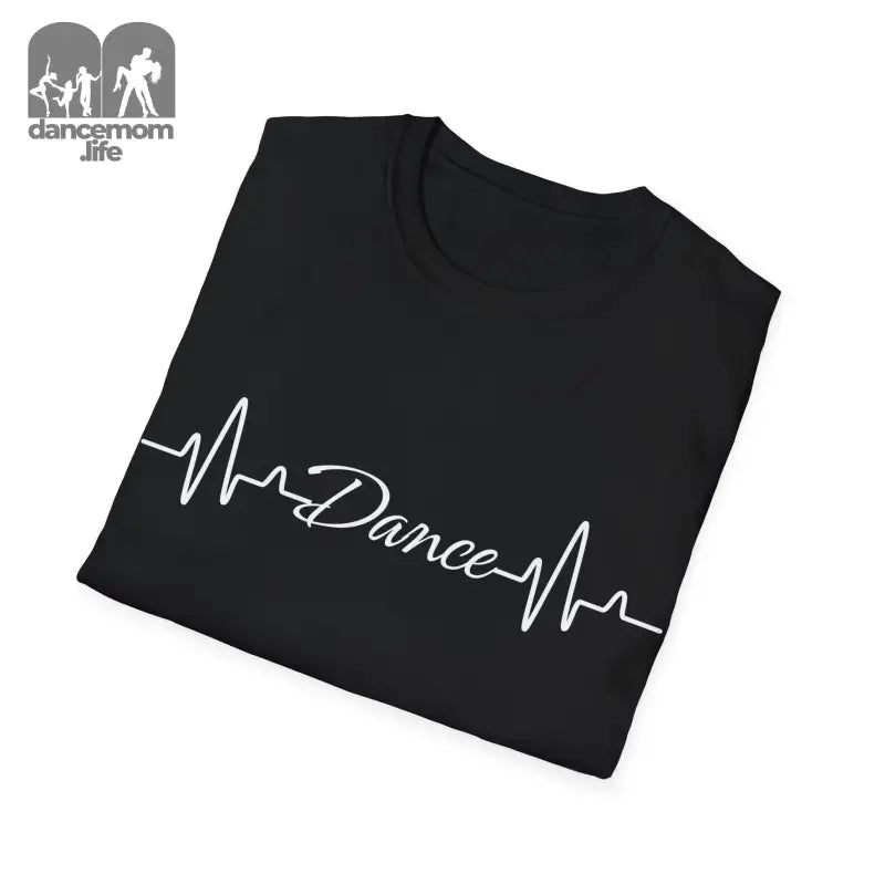 Black t-shirt with ’Dance’ text written in heartbeat/EKG line style.