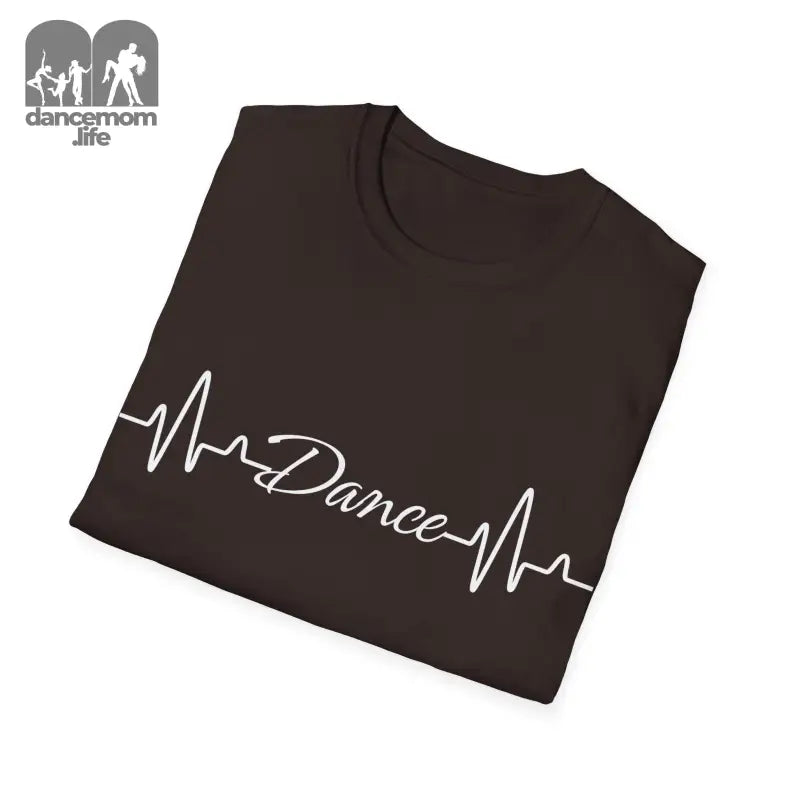 Black t-shirt with ’Dance’ text in white between heartbeat lines.