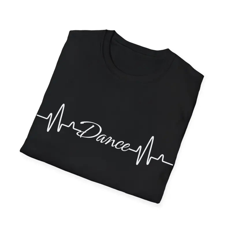 Black t-shirt with ’Dance’ text written in heartbeat/EKG line style.