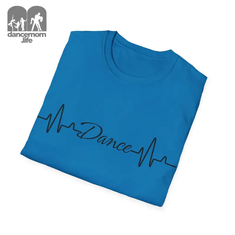 Blue t-shirt with a heartbeat line design spelling out ’Dance’ across the front.