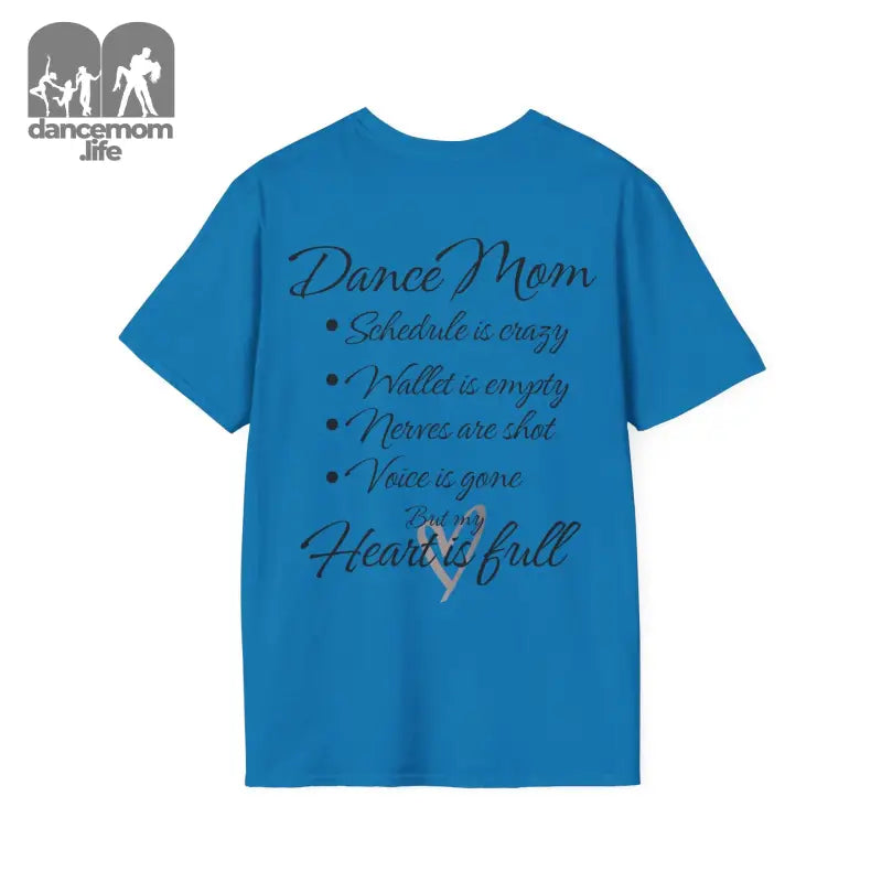 Blue t-shirt with ’Dance Mom’ text and a list of dance-related phrases.