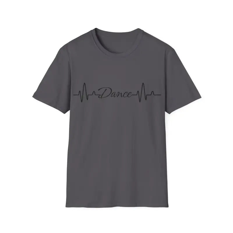 Gray t-shirt with ’Dance’ written in a heartbeat line design across the chest.