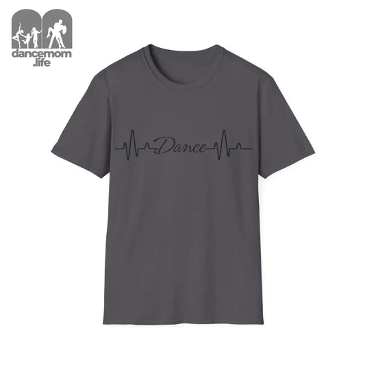 Gray t-shirt with ’Dance’ written in a heartbeat line design across the chest.