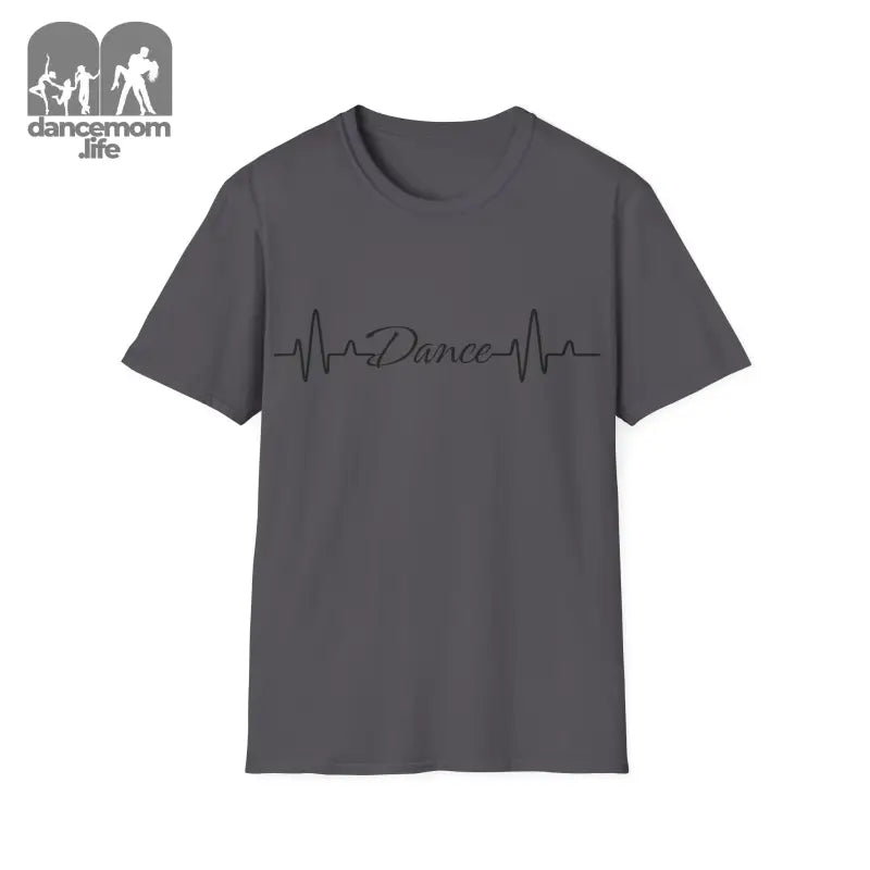 Gray t-shirt featuring a heartbeat line design with the word ’Dance’ incorporated into it.