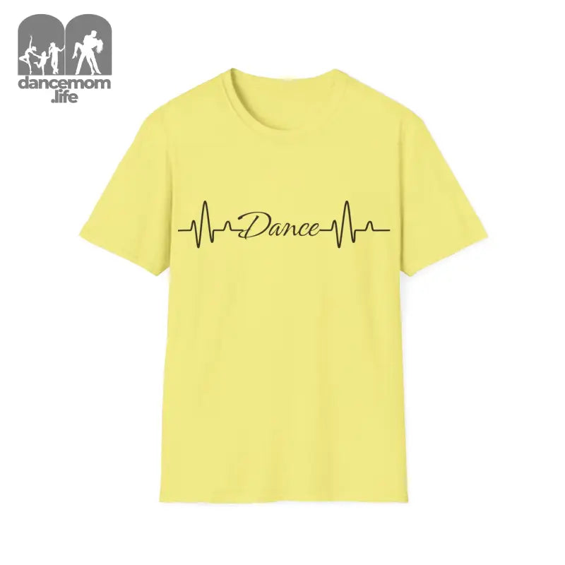 Yellow t-shirt with a heartbeat line design and the word ’Dance’ printed on it.