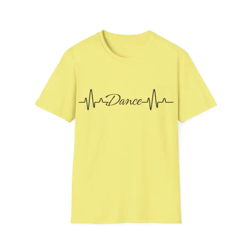 Yellow t-shirt with a heartbeat line design and the word ’Dance’ printed on it.
