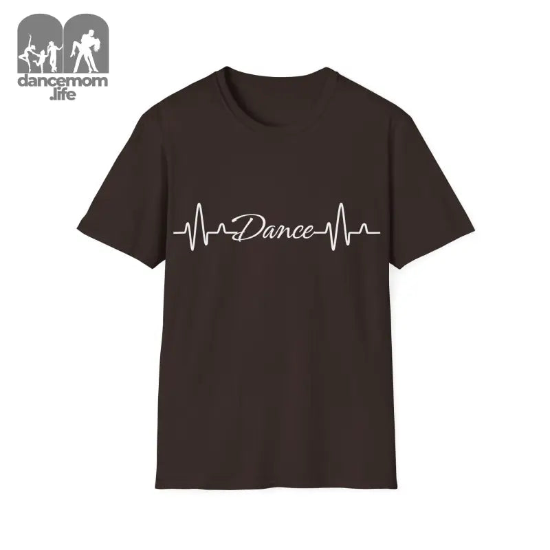 Brown t-shirt with white heartbeat line design spelling out ’Dance’