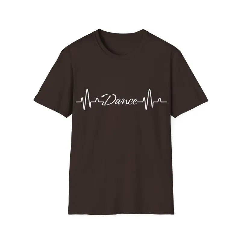 Dark brown t-shirt with ’Dance’ written in white script between heartbeat lines.