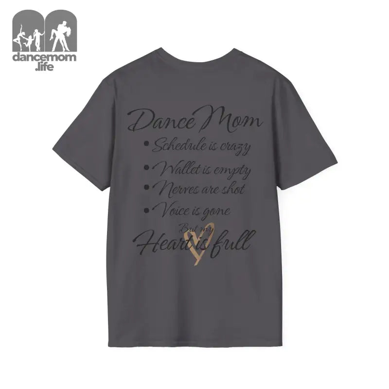 Gray t-shirt with ’Dance Mom’ text and a heart design.