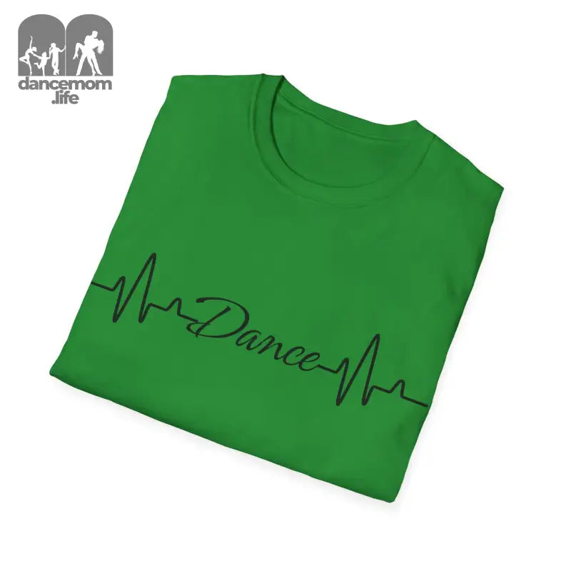 Green t-shirt with a heartbeat line design spelling out ’Dance’ across the front.