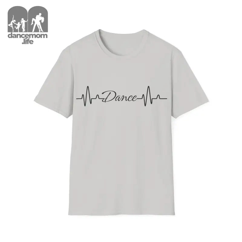 Light gray t-shirt featuring a heartbeat line design with the word ’Dance’ incorporated into it.