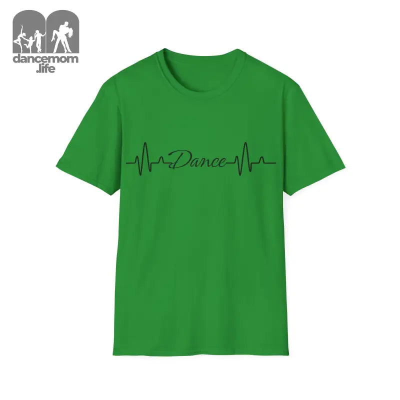 Green t-shirt with a heartbeat line design incorporating the word ’Dance’ in black text.