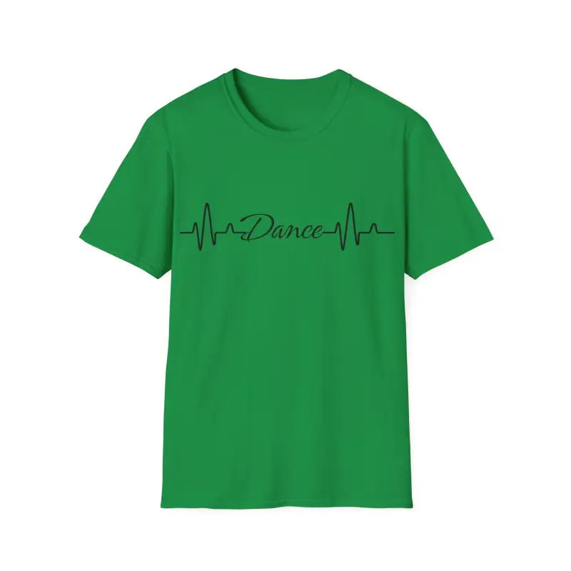 Green t-shirt with ’Dance’ text and heartbeat line graphic printed on it.