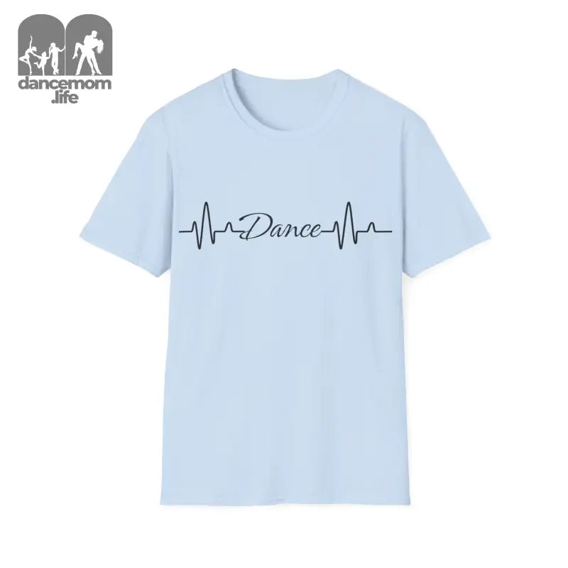 Light blue t-shirt with a heartbeat line design featuring the word ’Dance’ in script text.