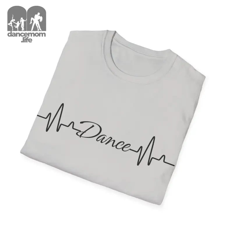 Light gray t-shirt with ’Dance’ text written between heartbeat lines.