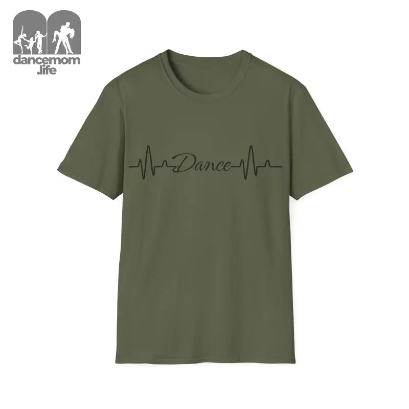 Olive green t-shirt with a heartbeat line design and the word ’Dance’ printed on it.