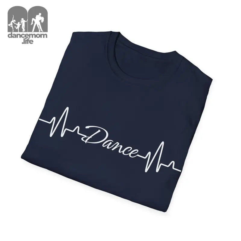 Navy blue t-shirt with ’Dance’ text written in heartbeat monitor style.