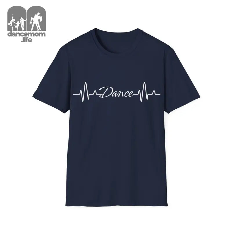 Navy blue t-shirt with a white heartbeat line design and the word ’Dance’ printed on it.