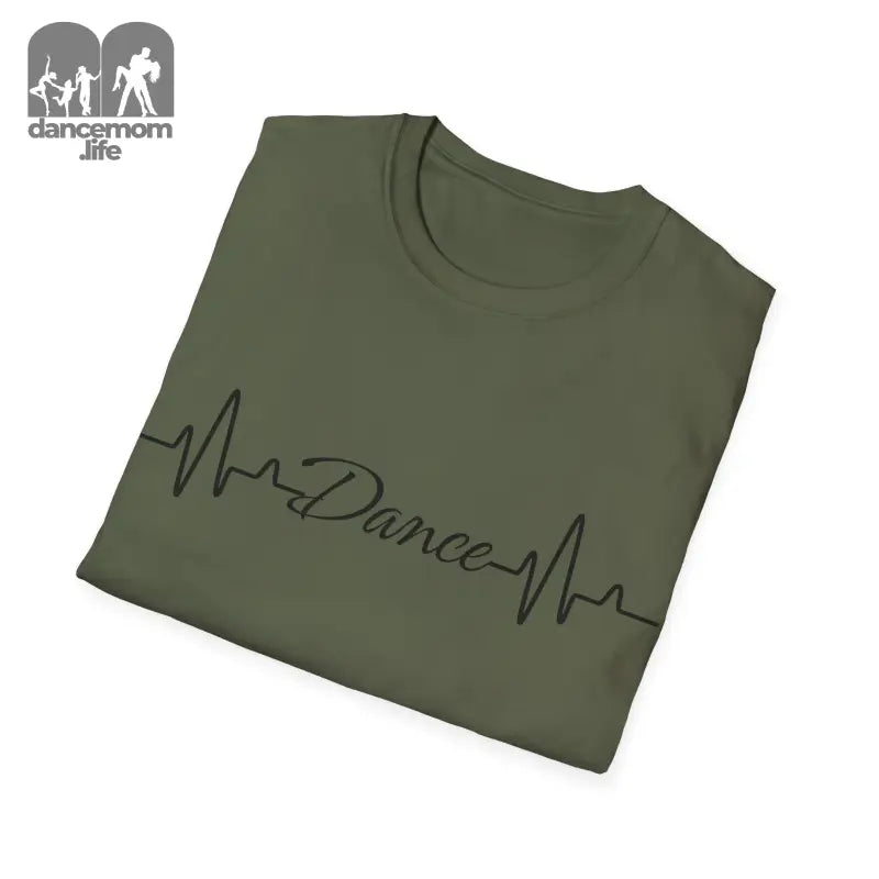 Olive green t-shirt with a black heartbeat line design spelling ’Dance’ across the front.