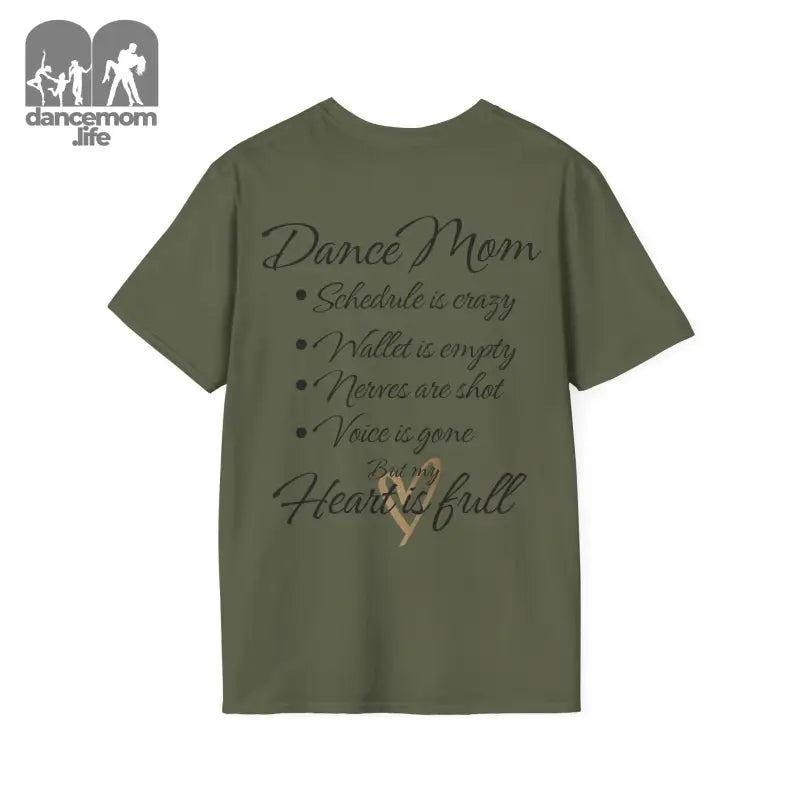 Olive green t-shirt with ’Dance Mom’ text and a list of dance-related phrases.