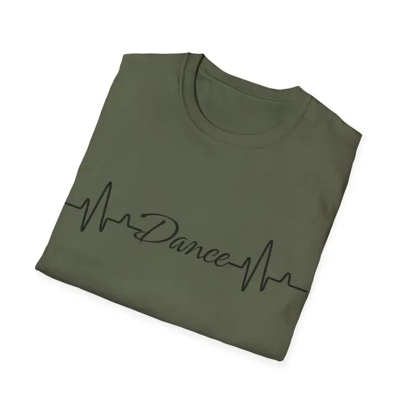 Olive green t-shirt with a black heartbeat line design spelling ’Dance’ across the front.