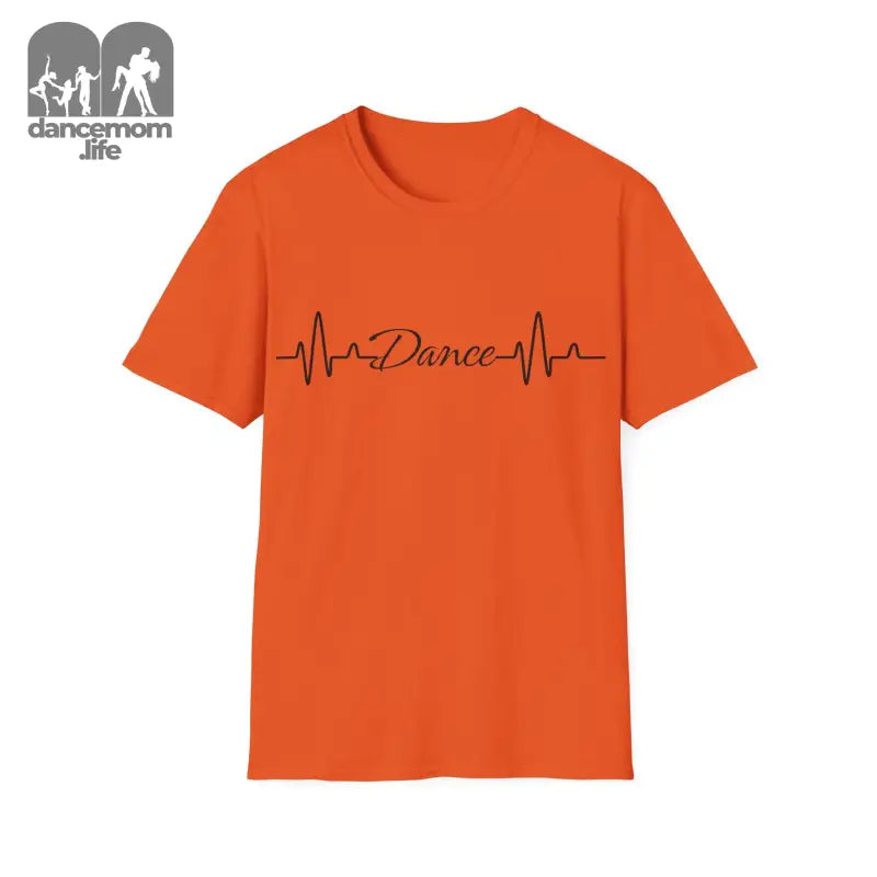 Orange t-shirt with a black heartbeat line design incorporating the word ’Dance’