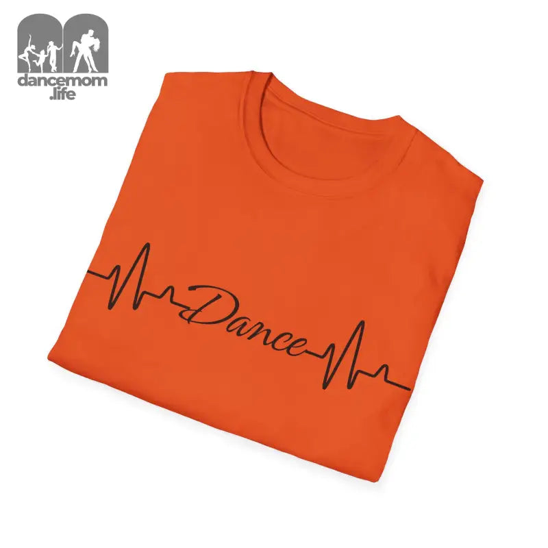 Orange t-shirt with ’Dance’ text in a heartbeat line design.