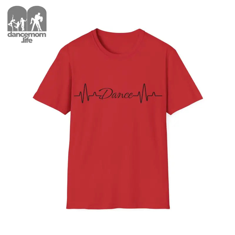 Red t-shirt featuring a heartbeat line design with the word ’Dance’ incorporated into it.