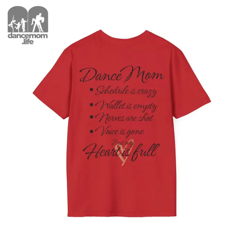 Red t-shirt with ’Dance Mom’ text and a list of dance-related phrases.