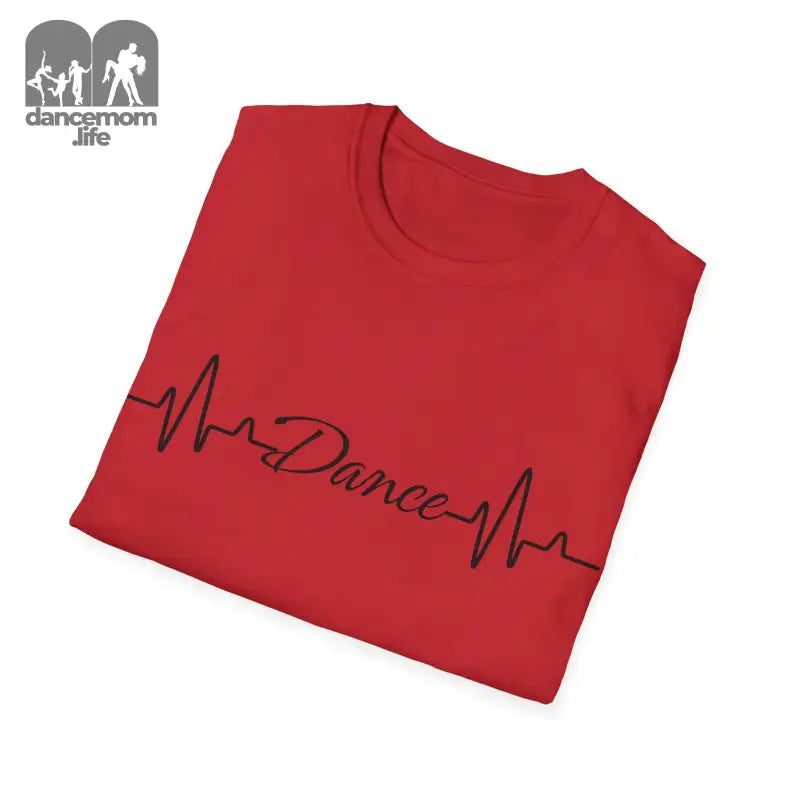 Red t-shirt with ’Dance’ text in a heartbeat line design.