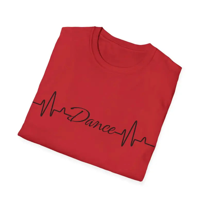 Red t-shirt with ’Dance’ text in a heartbeat line design.