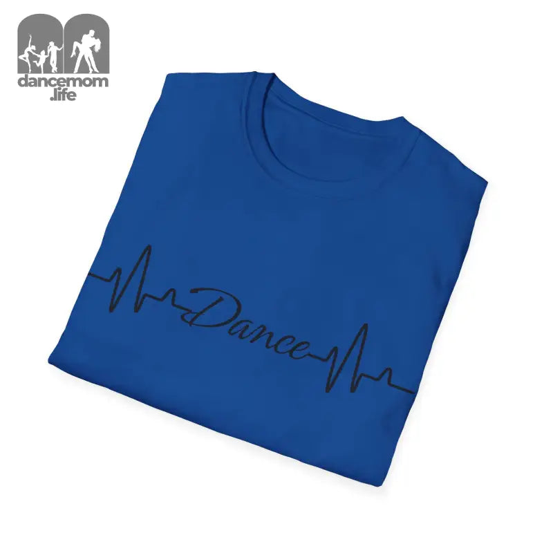 Royal blue t-shirt with a heartbeat line design spelling out ’Dance’ across the front.