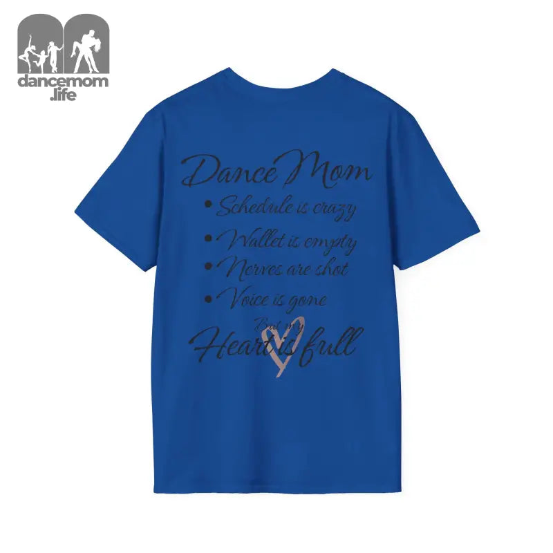 Royal blue t-shirt with ’Dance Mom’ text and bullet points printed on it.