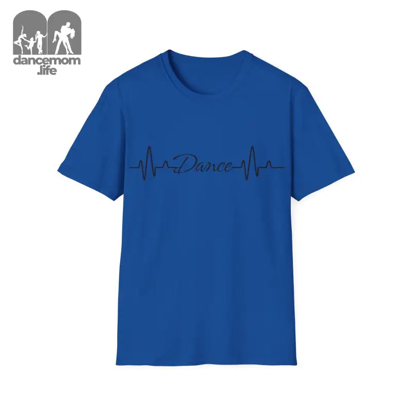 Royal blue t-shirt featuring a heartbeat line design with the word ’Dance’ incorporated into it.