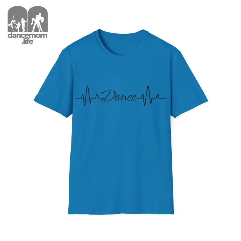 Blue t-shirt with a heartbeat line design incorporating the word ’Dance’ in script text.