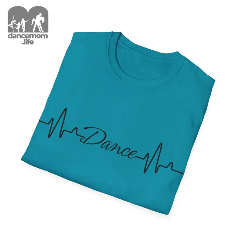 Turquoise t-shirt with ’Dance’ text written in heartbeat monitor style design.