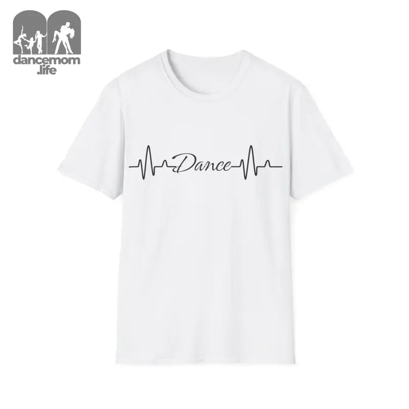 White t-shirt with a heartbeat line design featuring the word ’Dance’ in cursive script.