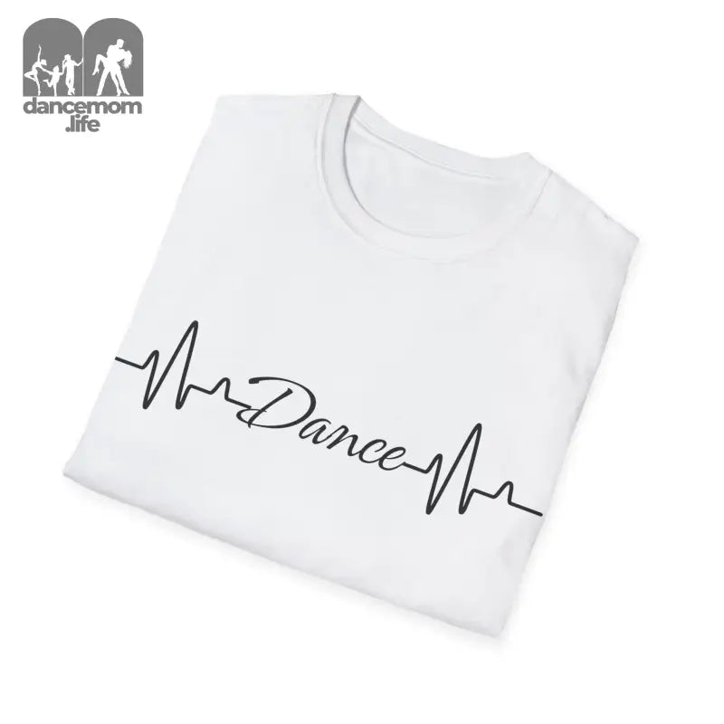 White t-shirt with ’Dance’ text written in heartbeat/EKG line style.