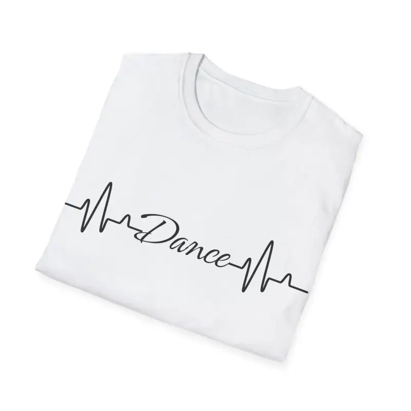 White t-shirt with ’Dance’ text written in heartbeat/EKG line style.