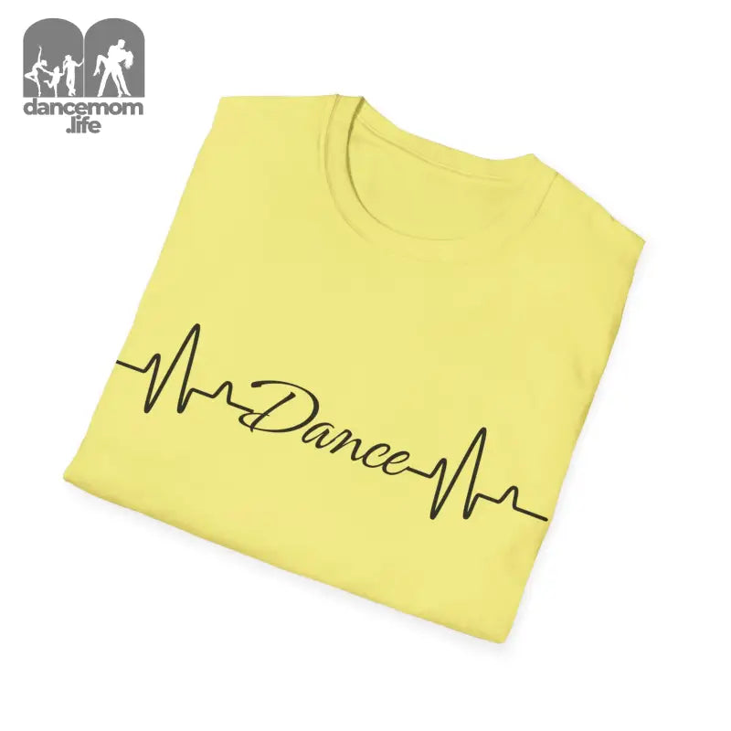 Yellow t-shirt with ’Dance’ text written in heartbeat monitor style.