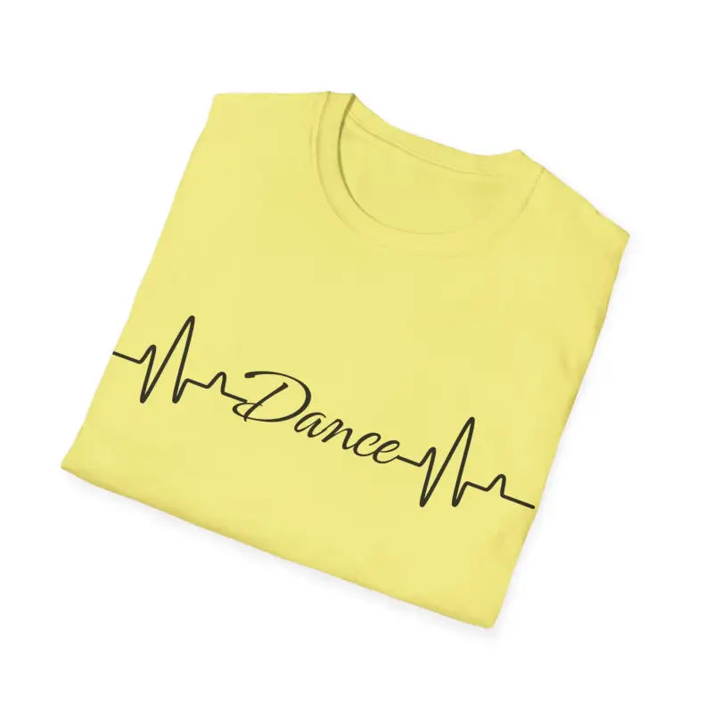 Yellow t-shirt with ’Dance’ text written in heartbeat monitor style.