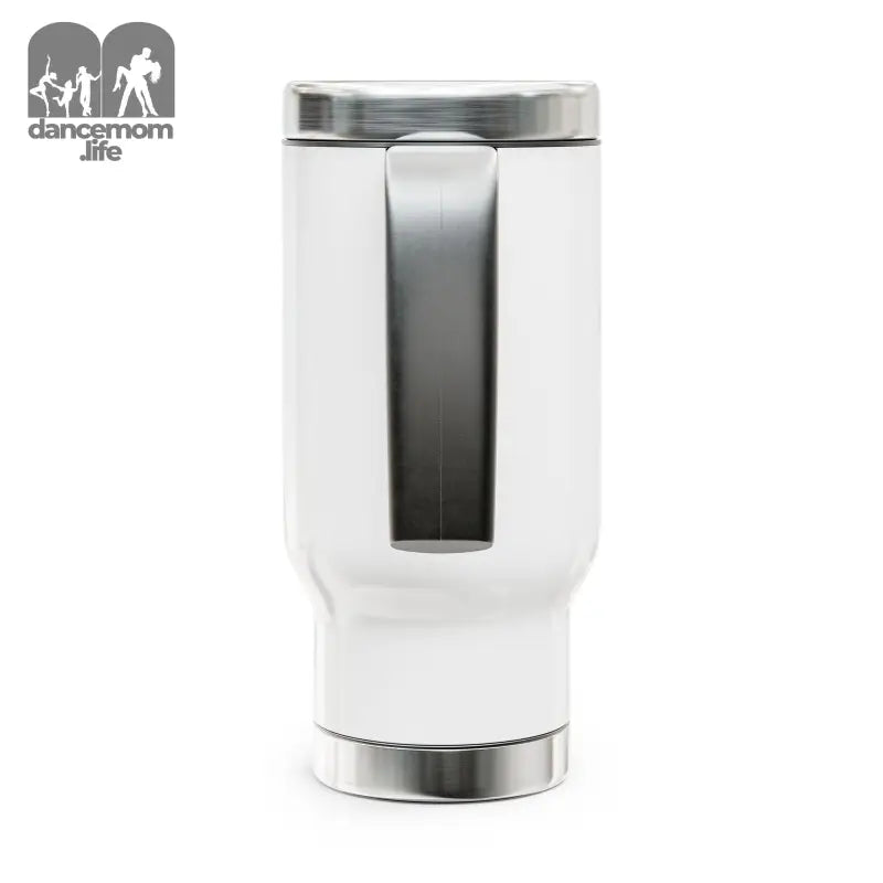 White insulated travel tumbler with stainless steel accents.