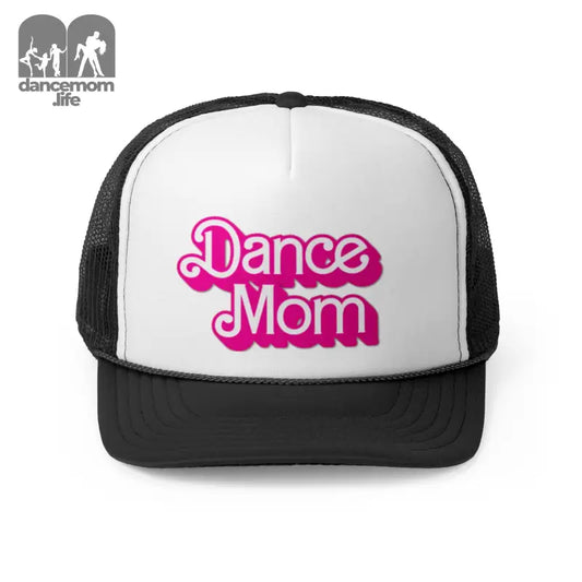 Trucker-style cap with ’Dance Mom’ printed in pink on the white front panel.