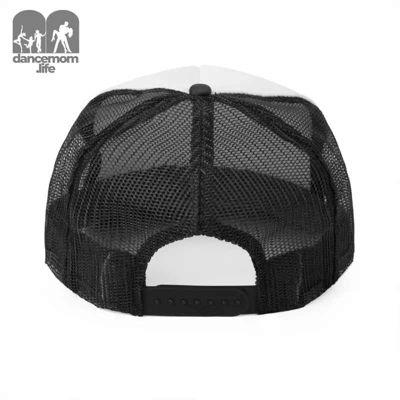 Black mesh trucker-style cap with a white adjustable snap closure at the back.