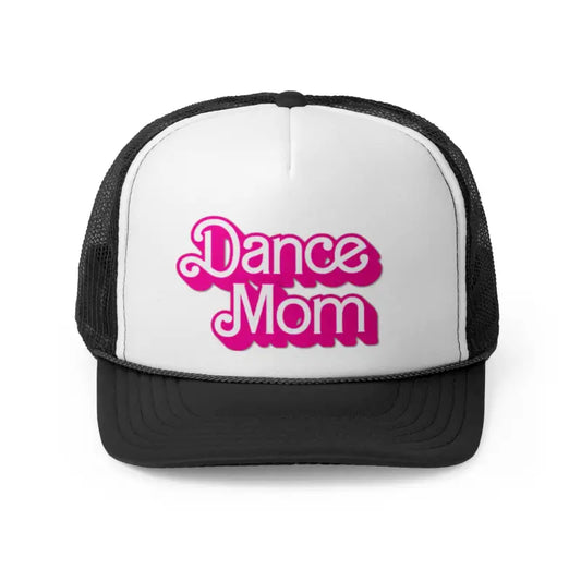 Black and white trucker hat with ’Dance Mom’ text in bright pink lettering.
