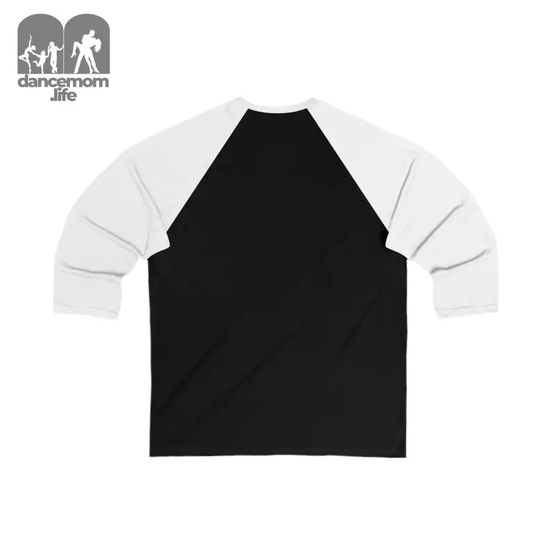 Black and white baseball-style raglan t-shirt with three-quarter length sleeves.